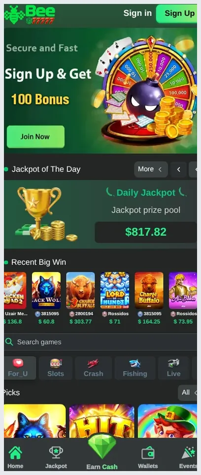 Bee77777 Mobile home page, Bottom navigation bar with "Home", "Jackpot", "Earn Cash", "Wallets", "Events" t, 26.10.2026