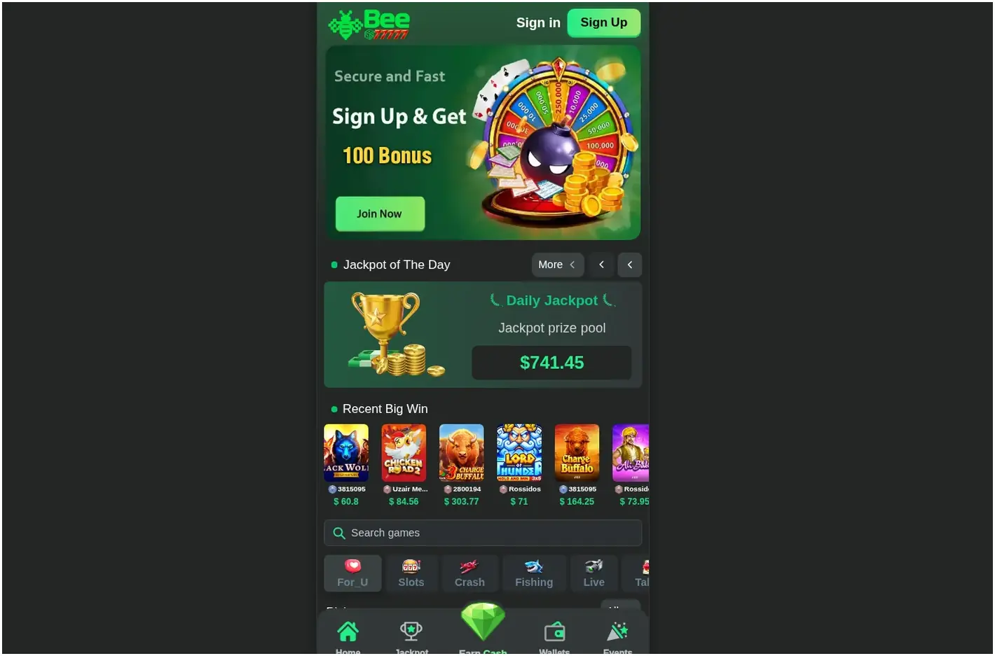 Bee77777 Casino home page, "Sign Up & Get 100 Bonus" hero banner with game grid below, 26.10.2026